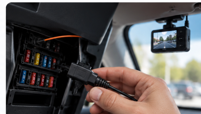 Installation d'une dashcam dans une voiture avec câblage et boîte à fusibles